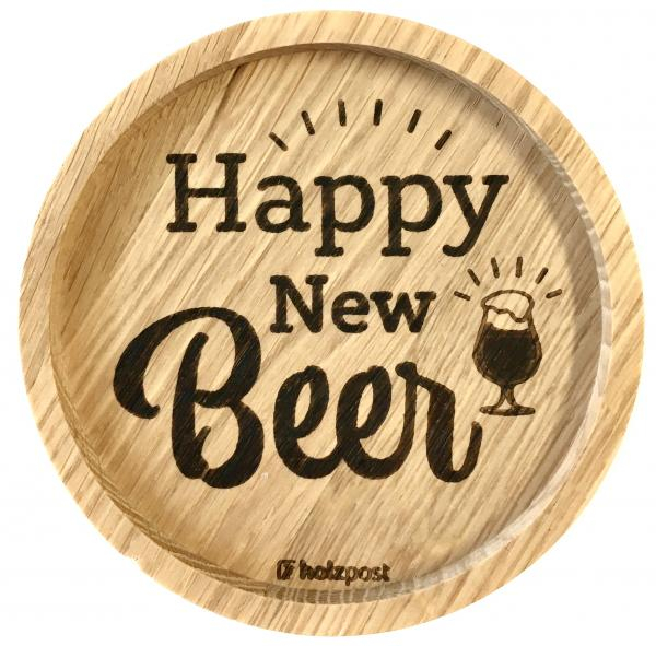 Holzpost Untersetzer aus Eiche "Happy New Beer"