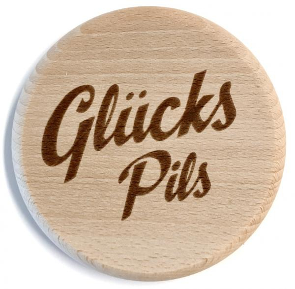 Holzpost Glasdeckel aus Buche "GlücksPils"